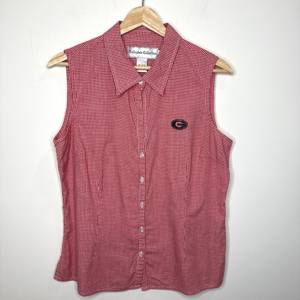 Georgia‎ University Bulldogs Sleeveless Button Up Shirt Womens Large Gingham Red